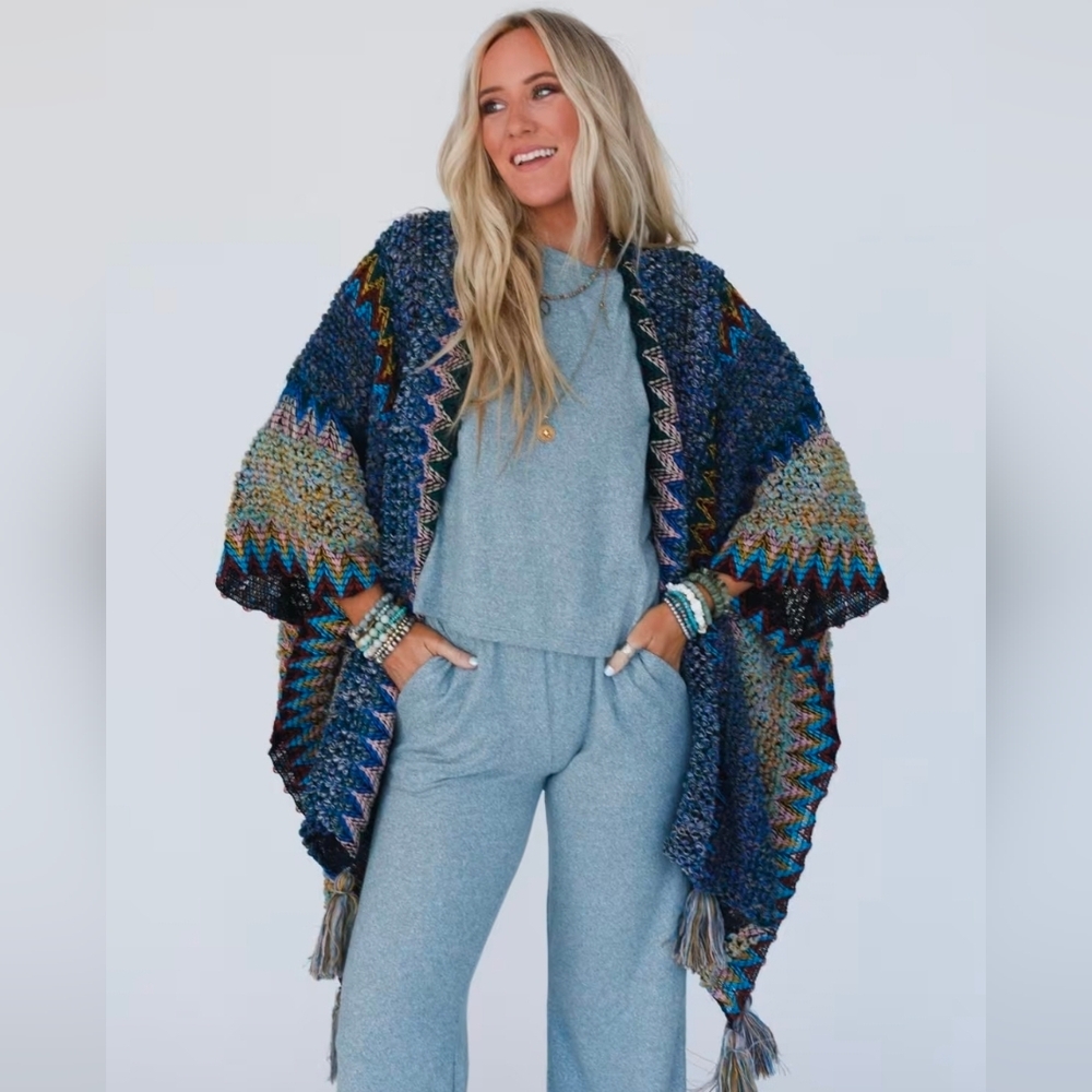 Three Bird Nest Multicolor Zigzag Knit Cardigan - Blue, Teal, Pink, Yellow - Picture 7 of 12